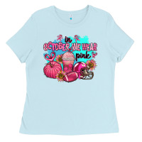 Baby Blue in october we wear pink american football Ladies Tee - AdoDesignShop