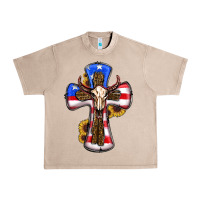 American Flag Cross Cow Skull Sunflowers Urban Heavy Tee | Teevron