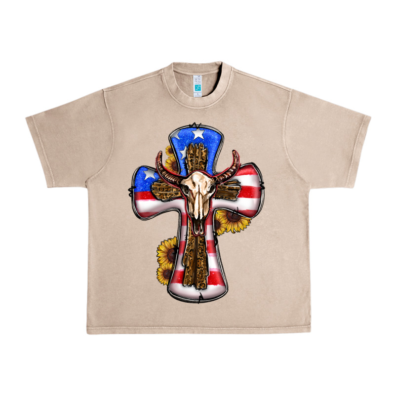 American Flag Cross Cow Skull Sunflowers Urban Heavy Tee by RanaPortraitStore | Teevron