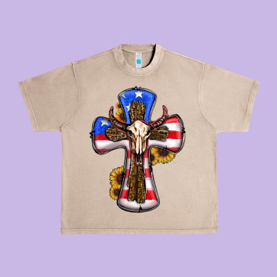 American Flag Cross Cow Skull Sunflowers Urban Heavy Tee Designed By Ranaportraitstore