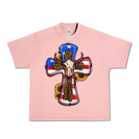 Salmon american flag cross cow skull sunflowers Urban Heavy Tee - RanaPortraitStore