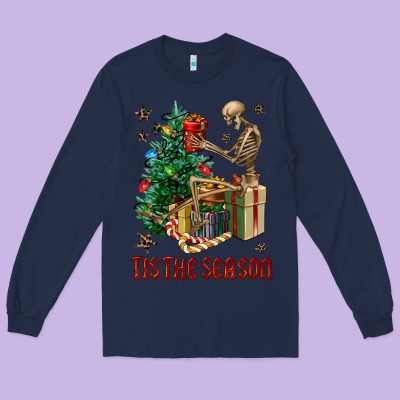 Skeleton Tis The Season Long Sleeve Tee Designed By Fadigitalartstudio