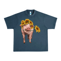 Midnight Navy pig with sunflowers Urban Heavy Tee - RanaPortraitStore