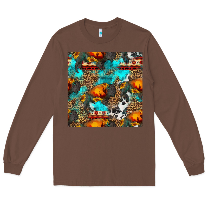 Western Sunset Bison And Sunflowers Seamless Pattern Long Sleeve Tee by HRA Design Shop | Teevron