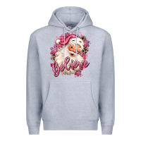 Heather Grey believe pink christmas santa claus Premium Hoodie - MaliasSmallBusiness