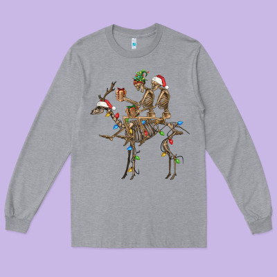 Christmas Deer And Skeletons Long Sleeve Tee Designed By Fadigitalartstudio