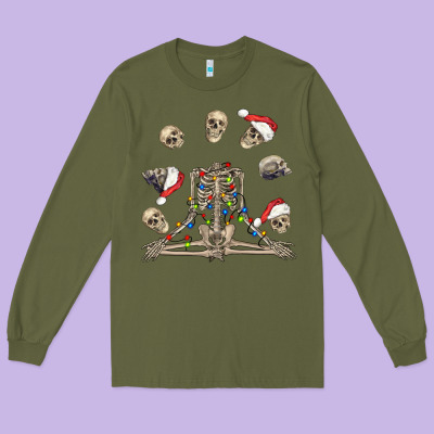 Christmas Human Skeleton And Skulls Long Sleeve Tee Designed By Fadigitalartstudio