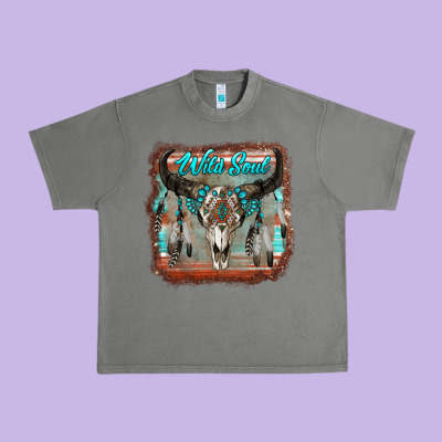 Wild Soul Boho Skull With Background Urban Heavy Tee Designed By Ranaportraitstore