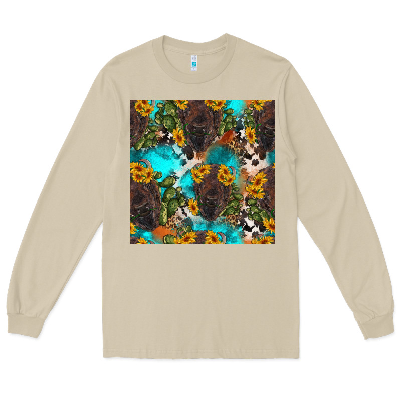 Western Bison And Sunflowers Seamless Pattern Long Sleeve Tee by HRA Design Shop | Teevron