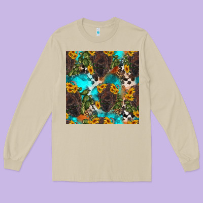 Western Bison And Sunflowers Seamless Pattern Long Sleeve Tee Designed By Hra Design Shop