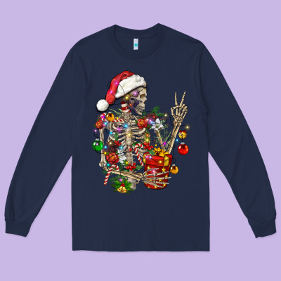 Christmas Lights And Skeleton Long Sleeve Tee Designed By Fadigitalartstudio