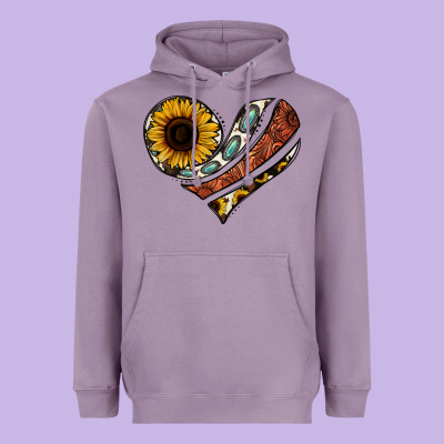 Western Sunflower Cowhide  Heart Heavyweight Hoodie Designed By Jasminsmagicworld