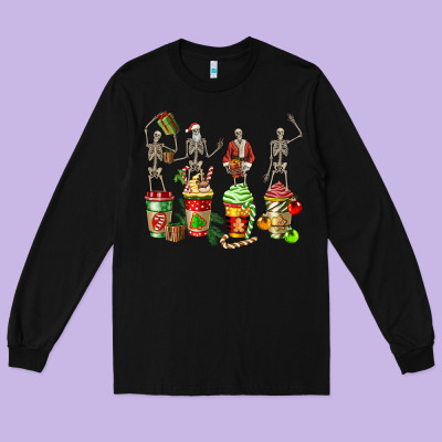 Christmas Skeleton Coffee Cups Long Sleeve Tee Designed By Fadigitalartstudio