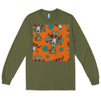 Army Green western cross and bull skull seamless pattern Long Sleeve Tee - HRA Design Shop