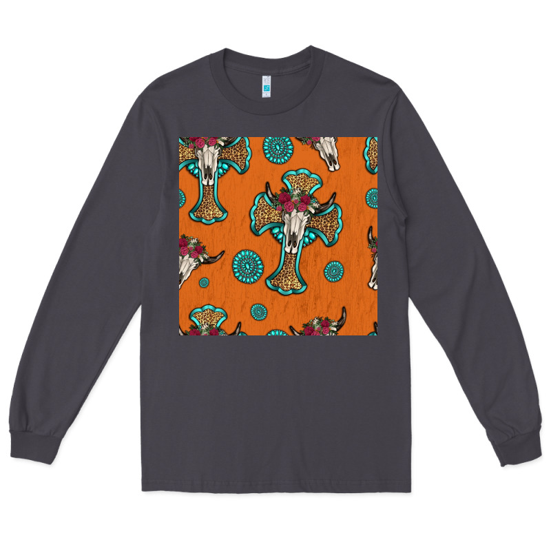 Western Cross And Bull Skull Seamless Pattern Long Sleeve Tee by HRA Design Shop | Teevron