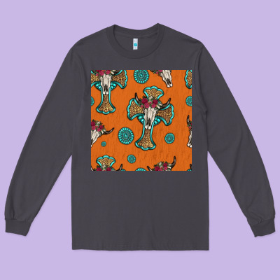Western Cross And Bull Skull Seamless Pattern Long Sleeve Tee Designed By Hra Design Shop