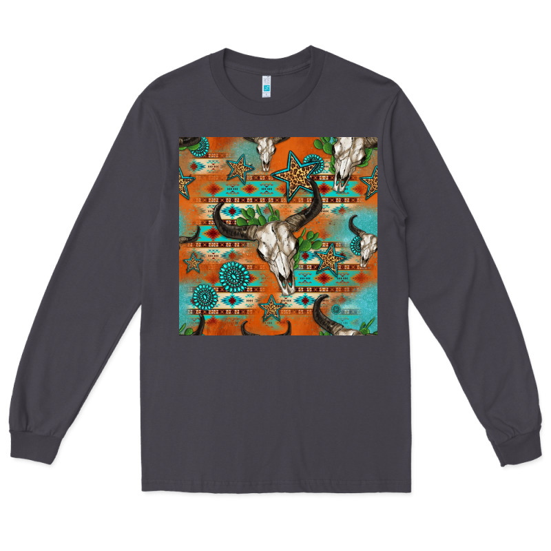 Western Bull Skull Seamless Pattern Long Sleeve Tee by HRA Design Shop | Teevron