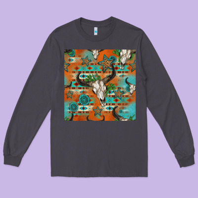 Western Bull Skull Seamless Pattern Long Sleeve Tee Designed By Hra Design Shop