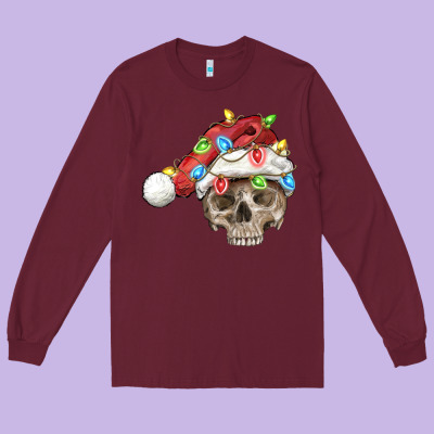 Christmas Skull With Santa Hat Long Sleeve Tee Designed By Fadigitalartstudio
