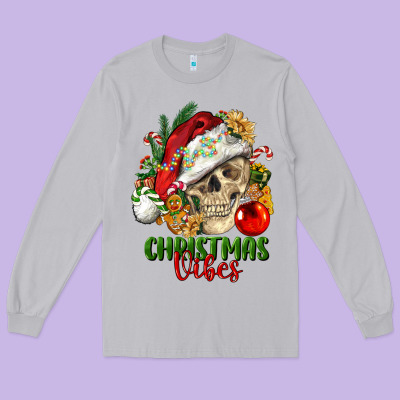 Christmas Vibes Human Skull Long Sleeve Tee Designed By Fadigitalartstudio