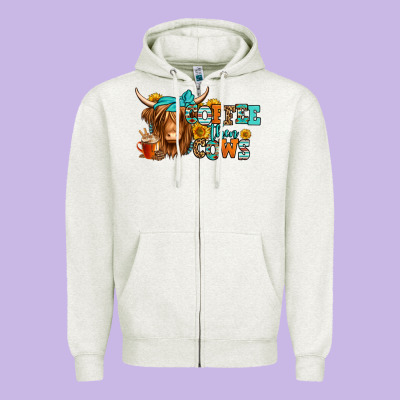 Coffee Then Cows Longhaired Cow Zipper Hoodie Designed By Jasminsmagicworld