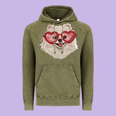 Vintage Hoodie white pomeranian with love glasses