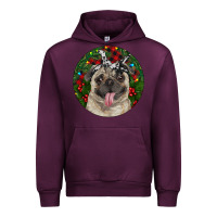 Mauve Wine Christmas Pug With Buffalo Plaid Urban Hoodie - RanaPortraitStore