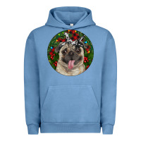 Pigment Pebble Blue Christmas Pug With Buffalo Plaid Urban Hoodie - RanaPortraitStore