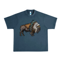 Midnight Navy bison with indian headdress Urban Heavy Tee - RanaPortraitStore