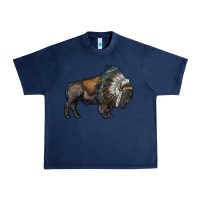 Navy bison with indian headdress Urban Heavy Tee - RanaPortraitStore