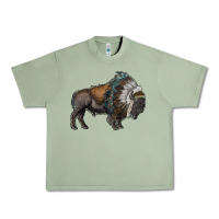 Oil Green bison with indian headdress Urban Heavy Tee - RanaPortraitStore