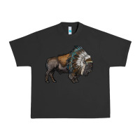 Pigment Black bison with indian headdress Urban Heavy Tee - RanaPortraitStore