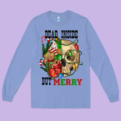 Dead İnside But Merry Human Skull Long Sleeve Tee Designed By Fadigitalartstudio