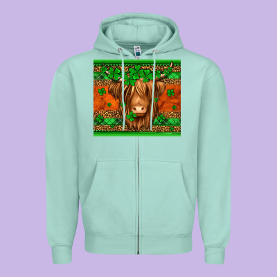 St Patricks Day Long Haired Cow Zipper Hoodie Designed By Jasminsmagicworld