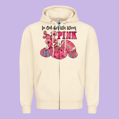 In October We Wear Pink Zipper Hoodie Designed By Jahusdesignshop