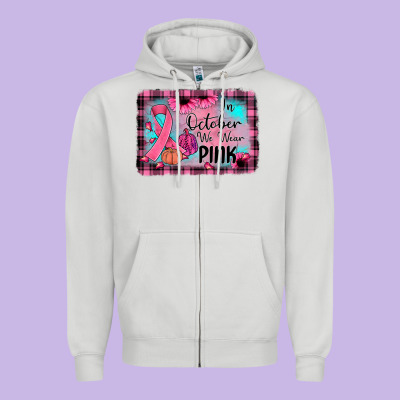 In October We Wear Pink Zipper Hoodie Designed By Jahusdesignshop