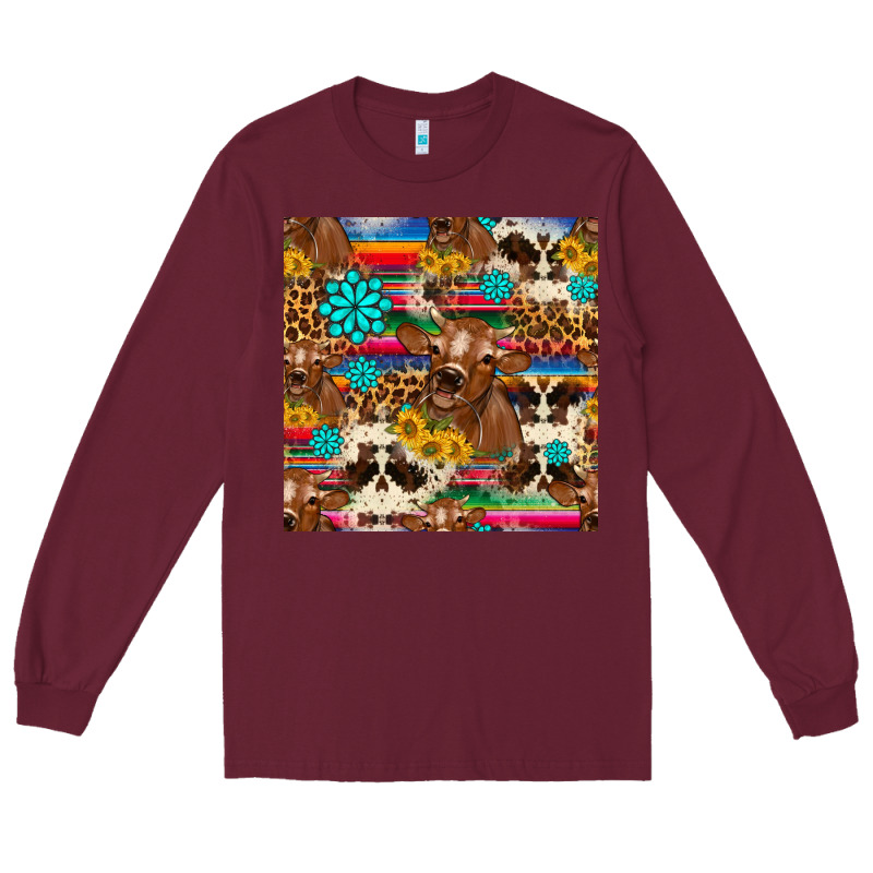 Western Sunflower Bucket Cow Seamless Pattern Long Sleeve Tee by HRA Design Shop | Teevron