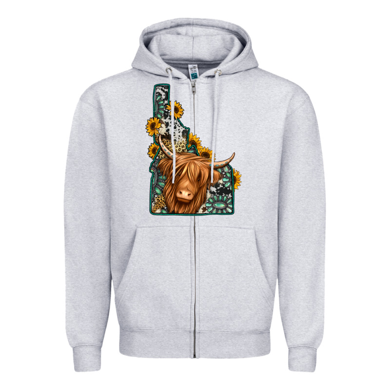 Idaho Map Long Haired Cow Zipper Hoodie by Jasminsmagicworld | Teevron