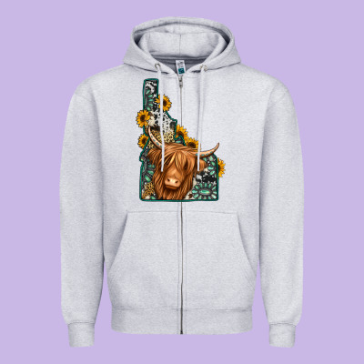 Idaho Map Long Haired Cow Zipper Hoodie Designed By Jasminsmagicworld