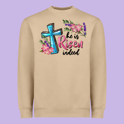 Heavyweight Sweatshirt He Is Risen Indeed Cross And Flowers