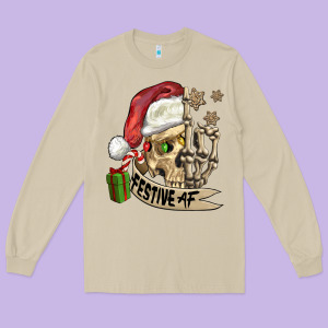 Festive Af Christmas Skull Long Sleeve Tee Designed By Fadigitalartstudio