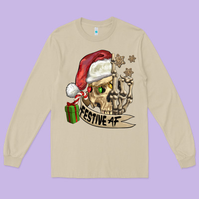 Festive Af Christmas Skull Long Sleeve Tee Designed By Fadigitalartstudio