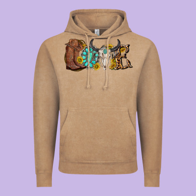 Vintage Hoodie western love bull skull with gemstone and sunflowe