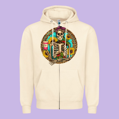 Western Skeleton Coffee Sunflowers Zipper Hoodie Designed By Artiststas