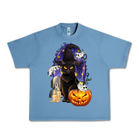 Pebble Blue Halloween Cat and Pumpkin Urban Heavy Tee - texasbilliewilder