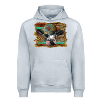 Heather Grey holstein cow with cap and leopard background Urban Hoodie - BarkalooDesign