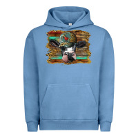 Pigment Pebble Blue holstein cow with cap and leopard background Urban Hoodie - BarkalooDesign