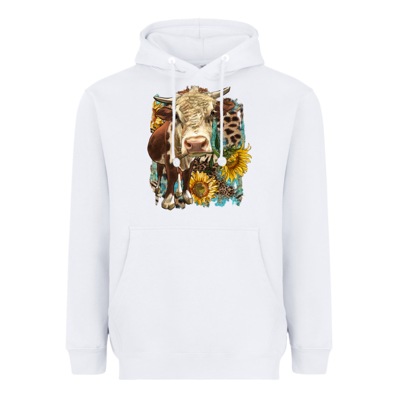 Hereford Heifer With Sunflower And Leopard Heavyweight Hoodie by LillyAllenDesigns | Teevron