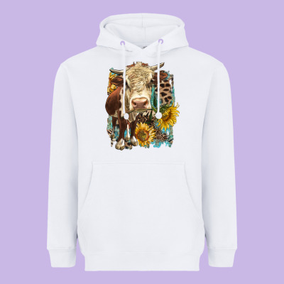 Hereford Heifer With Sunflower And Leopard Heavyweight Hoodie Designed By Lillyallendesigns