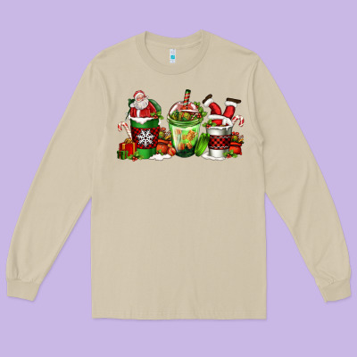 Coffee Cups With Santa Claus Long Sleeve Tee Designed By Fadigitalartstudio